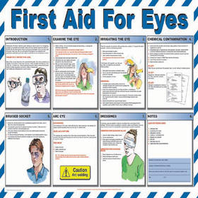 This plastic first aid for eyes posters highlights basic information and techniques for administerin