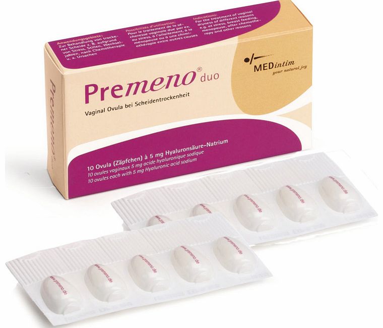 Hormone free Premeno Duo Vaginal Ovules. Treats vaginal dryness in menopause and post cancer treatment. pH balanced - also helps treat BV and thrush. No-mess and simple to insert pessary-style lubricating ovules. 10 Ovules - combats vaginal dryness, 