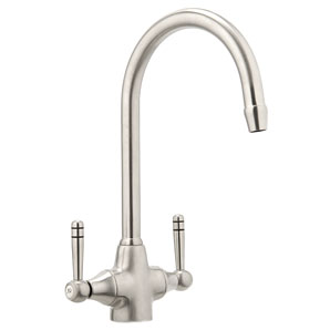 The Premier Royan kitchen tap in pewter is a dual flow cruciform mixer with a quarter-turn ceramic d