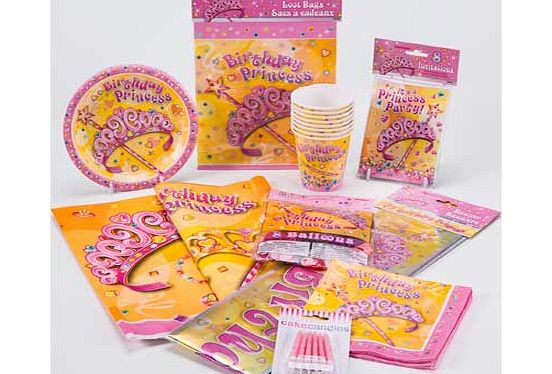 Pretty Princess Party Kit for 16. Designs may alter slightly. Set includes: 16 plates. 16 cups. 2 tablecloths. 16 napkins. 12 candles. 8 balloons. 16 party bags. 1 party banner. EAN: UPRETTYPRINCESSKIT.