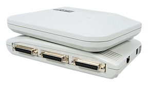 This compact print server allows you to connect up to three parallel printers to a Fast Ethernet net