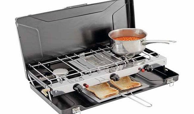 A double burner and grill with a maximum burner wattage of 1.5 kilowatts each with Piezo ignition and a convenient folding design. Made from steel. Propane cartridge. Cartridge not included. Carry case included. Folds for storage. Child safe push and