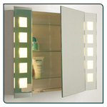 This integrated mirror / cabinet / lighting system can be mounted either way for left or right hand