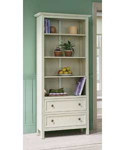 Solid wood with white stain.4 shelves and 2 drawers with antique effect handles.Size (W)81, D)32,