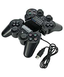 Dual charging docks with afterglow bays.  Charges 2 sixaxis controllers simultaniously via USB. Incl