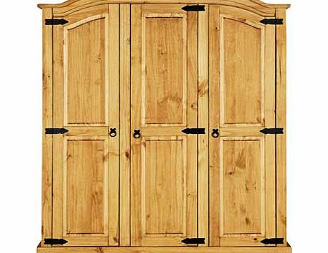 Offering an utterly charming style. the Puerto Rico collection is crafted from rustic solid wood with an oiled finish. This light pine three door wardrobe is not only elegant in design with its panelled fronts and curved top. but offers plenty of han