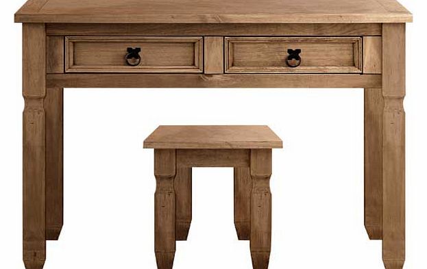 Offering an utterly charming style. the Puerto Rico collection is crafted from rustic solid wood with an oiled finish. This dark pine dressing table and stool provides a beautiful home for all your jewellery and beauty products. The feature metal dro
