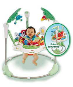 Lets baby jump to her hearts delight in a sturdy free-standing steel frame. Interactive toy tray