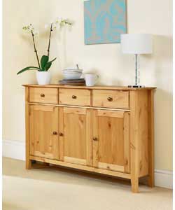 Elegant shaker style solid pine lounge range with caramel stain, profile doors and drawers and metal
