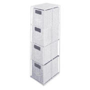 A four drawer rattan tower. This storage unit comes in white with a diamond weave design.
