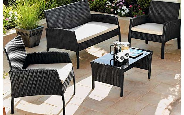 This high quality 4 seater garden patio furniture set is ideal for those long sunny days. Whether entertaining or relaxing this set is the perfect addition to any garden. The set features 2 chairs. 1 sofa and a glass top table. The chairs also includ