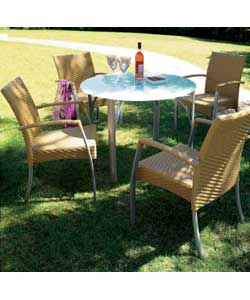 4 stackable chairs.Glass-topped table (96cm) with