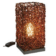Square wooden base with chocolate brown rattan shade. Requires a 60w maximum, SES candle bulb.