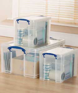 64 litre and 2 x 19 litre really useful boxes.Ideal for general storage and 19 litre boxes for A4 pa