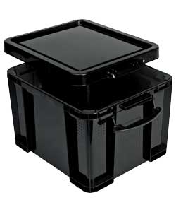 Black polypropylene stackable storage boxes made from recycled plastic.Has internal lip to hang A4 a