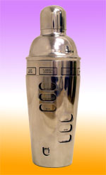 A quality stainless steel, four-piece cobbler cocktail shaker with eight cocktail recipes engraved