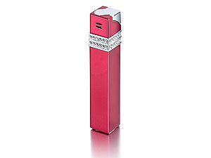 `A sophisticated, refillable gas lighter set with clear crystals in a metallic red finish.`