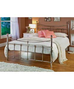 Regency style bedstead with brushed nickel coloured frame.Supplied with metal slats.Includes firm