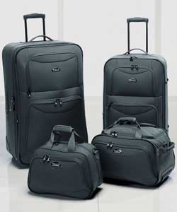 Large and medium rollercases, roller holdall and a shoulder tote bag.Grey.600D polyester.Padlock on 