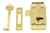Electro brassed reversible cupboard lock supplied with receiver plate and fancy key. Measures 63x32m