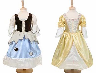 A playful pauper maids dress which also transforms into a magical golden princess gown. This is made from satin. with a velour back and is a fantastic. versatile reversable outfit. Suitable for height 116 to 128cm. For ages 6 years and over. Polyeste