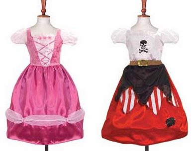 The ultimate 2 in 1 costume. princess to pirate dress in a simple turn. The costume is made from satin with a velour back and designed with a hooped skirt. which gives the dress a lovely full shape. Suitable for height 134 to 146cm. For ages 9 years 