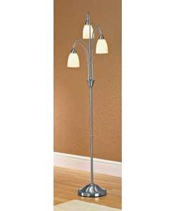 Brushed nickel with opal glass shades.Foot switch.Height 161cm.Diameter 40cm.Requires 3 x 40 watt