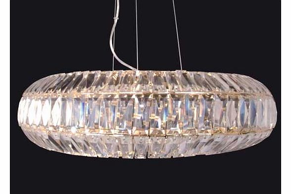 The Rimini Light fitting is an impressive clear crystal pendant with a gold frame. The base diffuser makes it the perfect shape flexible for hanging low over a table or higher from the ceiling. Size H16. W44. D44cm. Drop 16cm. Diameter 44cm. Suitable