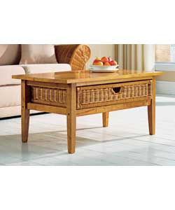 Solid wood frame with rattan drawer. Sussex honey finish. Size (L)90, (W)50, (H)42cm. Packed flat