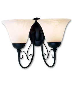 Textured black finish with scroll details and white alabaster bell glass shades.Size (H)21cm,