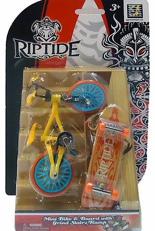 Hold an extreme world at your finger-tips with the Riptide Mini Bike, Board and Stair Set. Use the bike or board and pull off tricks with just your fingers. You can also mix it up by grinding down the stairs. To build an even bigger skate park, check