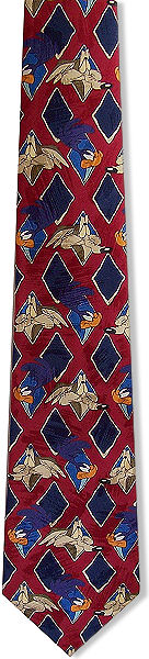 Wile and Road Runner tie with face images in diamonds on a burgundy background