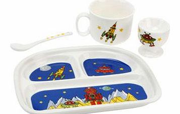 This fun Robert the Robot Ceramic Plate Egg Cup Spoon and Mug Set makes a perfect first breakfast set for a little boy.All of the breakfast set is made from ceramic  the plate is sectioned into three so that herfood can be separated and each part ha