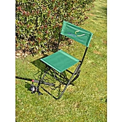 A heavy duty folding chair (but light to carry) with backrest and integral rod rest. Complete with c