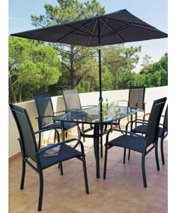 Table 150 x 96cm. 6 stacking chairs.9ft parasol