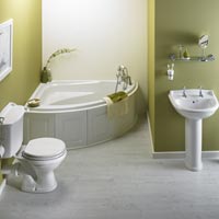 Romsey Left Hand Corner Bath Suite - White and White Ash with Bath Mixer and Basin Taps