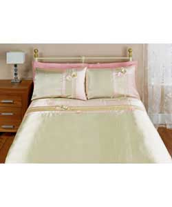 Beautiful floral embroidery on a luxurious satin base.Set contains duvet cover and 2