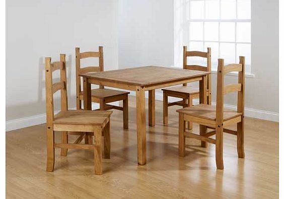 Give your dining room a rustic feel with this dining table and chairs from the Rosella collection. Both the table and chairs are solid pine with a natural finish. Part of the Rosella collection. Table: Size H76. L110. W80cm. Solid pine table. Natural