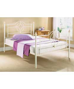Ivory with brushed gold effect finials and stamps.Metal frame.Pillowtop mattress.Overall size