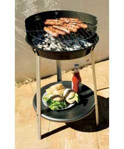 Size 51cm. Includes roasting spit. Condiments tray. Windshield and wheels. Grill diameter 48cm
