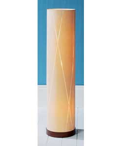 Light brown faux suede shade with a wooden finish base.Height 100.8cm.Shade diameter 23.5cm.In-line