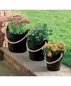3 piece wooden planters with rope handles.Small tub size (H)22, (W)25cm.Medium tub size (H)26.5,