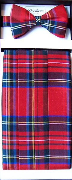 A rough silk Royal Stewart tartan elastic back cummerbund and bow tie set