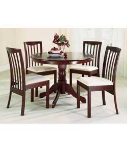 Mahogany colour veneer. Solid wood. Size of chairs (H)92, (W)43, (D)42.5cm. Size of table (H)74,
