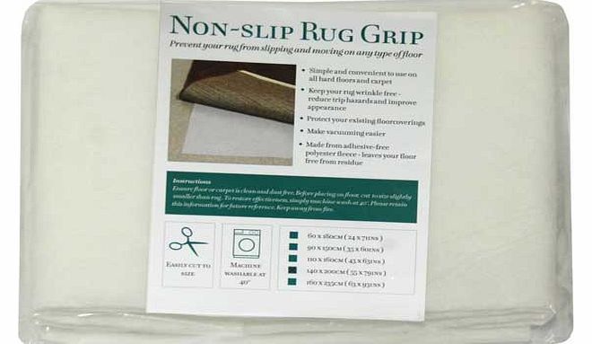 Prevent your rug from slipping or moving with this non slip rug grip. Simply lay the rug grip on any hard floor or carpeted surface and lay your rug over the top. Your rug will stay put and be wrinkle free. Polyester. Machine washable at 40?C. Size L