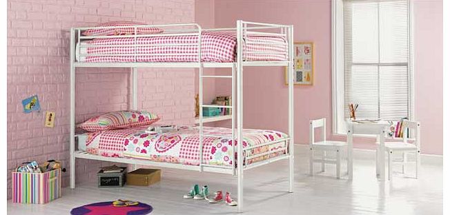 This Samuel shorty white bunk with Elliott mattress is a great option when you are trying to maximise space in a bedroom. This modern set of metal bunk beds is perfect when you have two young children sharing a bedroom. or if your child loves having 