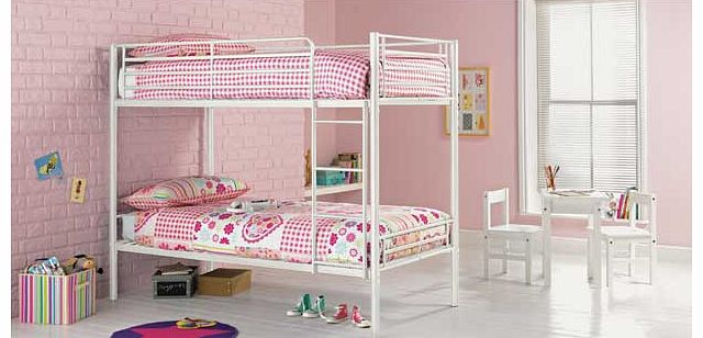 This Samuel single white bunk with Elliott mattress is a great option when you are trying to maximise space in a bedroom. This modern set of metal bunk beds is perfect when you have two young children sharing a bedroom. or if your child loves having 