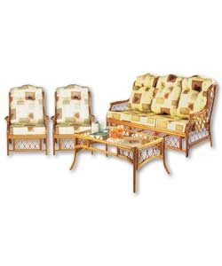 Comprises sofa and 2 chairs. Honey finish. Gold co