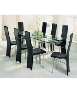 Chrome coloured metal frame with a clear glass extendable table top. 6 dining chairs with chrome