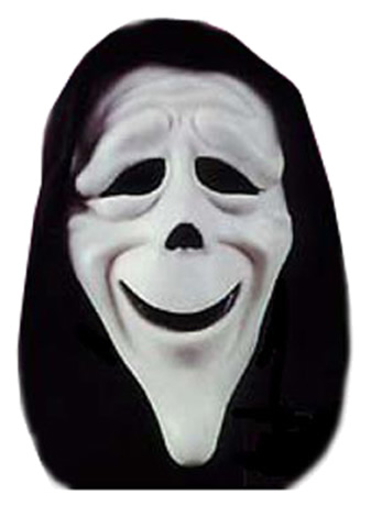 White scream mask with fabric hood and cowl, this version has a sinister grin! This is an officially